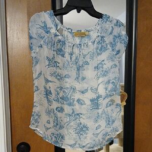 Blue and White Sheer English Hunt Print Top Pheasant Rabbit Horse Nwt S